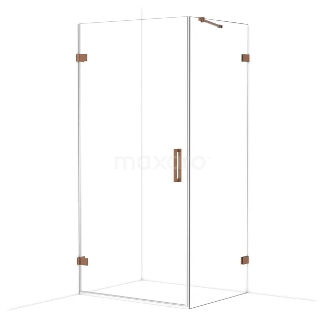 Corner shower cabin glass with copper-coloured hinges and handle, spacious design for a modern bathroom style.