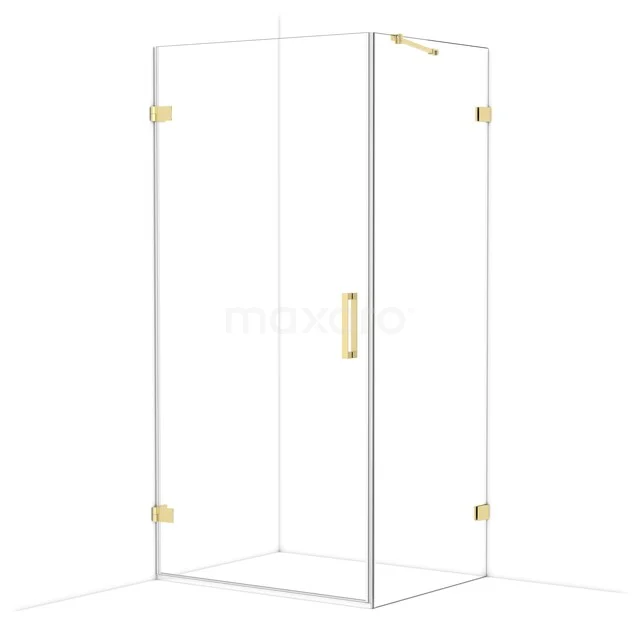 Glas Duschkabine mit goldfarbenen Akzenten, quadratisches Design und elegante Verarbeitung, perfekt für moderne Bäder.