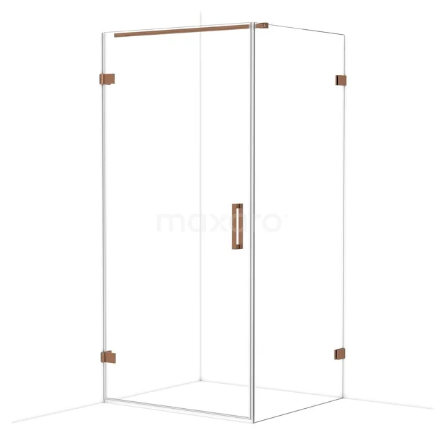 Glass shower cabin with copper accents, rectangular design and sleek finish, ideal for a modern bathroom decor.