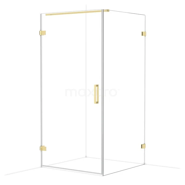 Glas Duschkabine mit Gold Details, straffe Eckform, ideal als luxuriöse Ergänzung zum modernen Badezimmer.