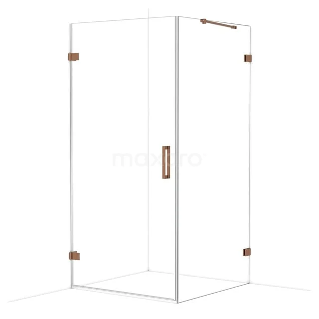 Glass shower cabin with copper details, corner model with door, sleek design for a modern bathroom style.