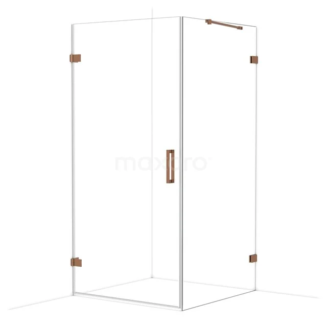 Glasene Duschkabine mit Kupferdetails, Eckmodell mit Tür, schlankes Design für einen modernen Badezimmerstil.