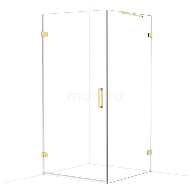 Glas Duschkabine mit goldfarbigem Haltegriff und Scharnieren, perfekt für ein modernes Badezimmer.