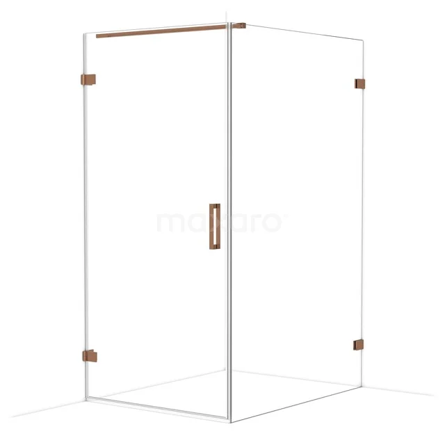 Glass shower cabin with copper hinges, sleek design for modern bathroom.