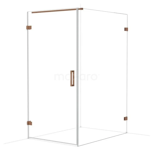 Shower cabin with transparent glass, stainless steel frame and copper-coloured accents, ideal for modern bathrooms.
