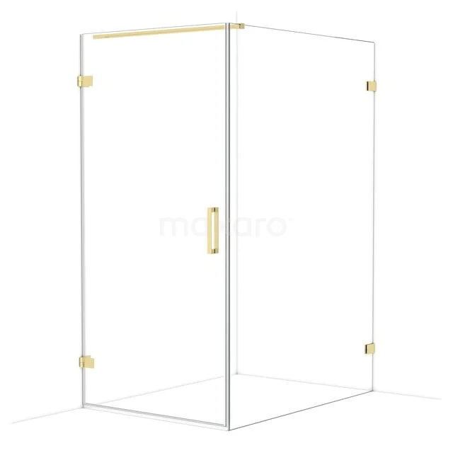 Glas Duschkabine mit goldfarbenen Akzenten, Eckaufstellung, stilvolle Ergänzung zu einem modernen Badezimmer.