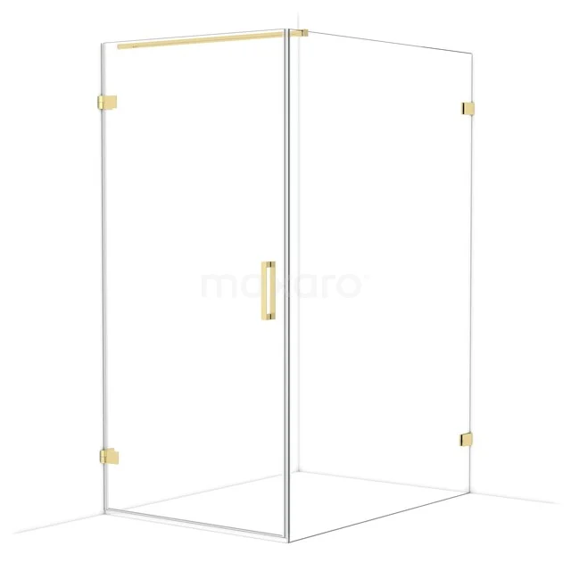 Glass shower cabin with gold accents, corner arrangement, stylish addition to a modern bathroom.