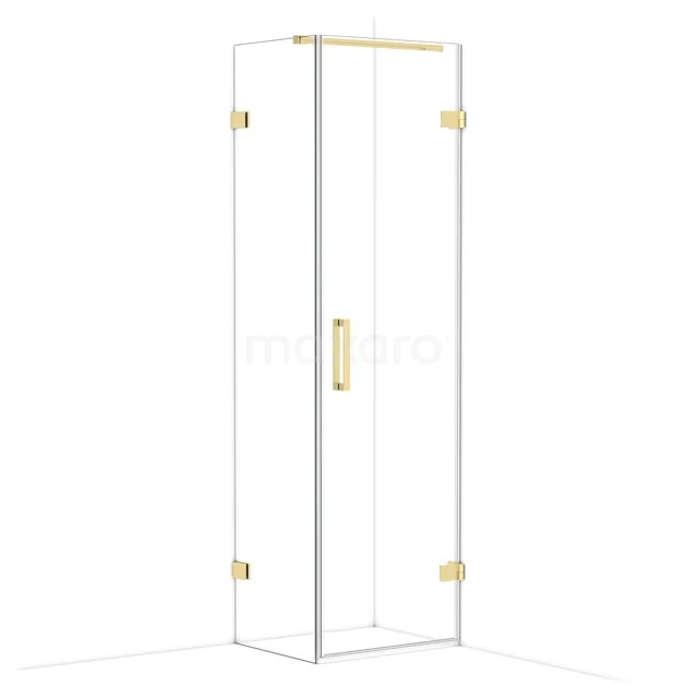 Glass shower cabin with gold hinges and handle, modern design for a luxury bathroom.