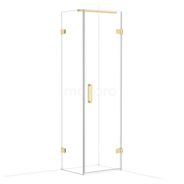 Glass shower cabin with gold accents, minimalist design; perfect for a modern bathroom.