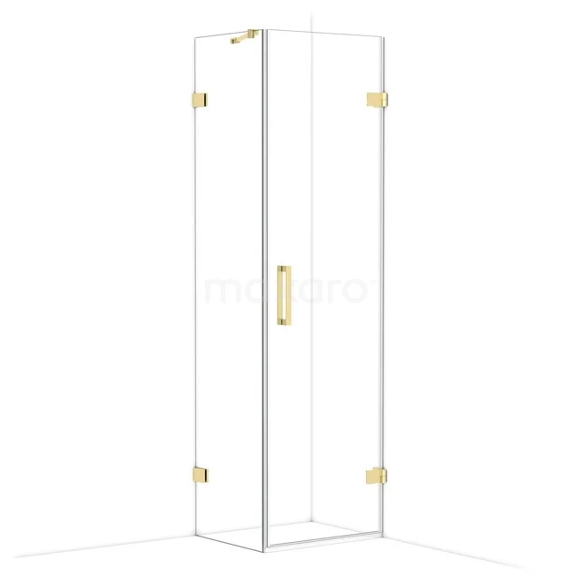 Sleek glass shower cabin with gold hinges and handle, ideal as a luxury addition in a modern bathroom.