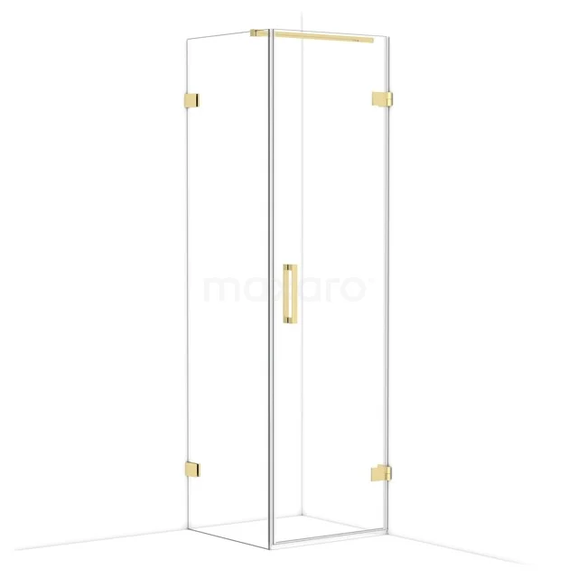 Shower cabin made of clear glass with golden accents, sleek design and modern bathroom accessory for a luxurious appearance.