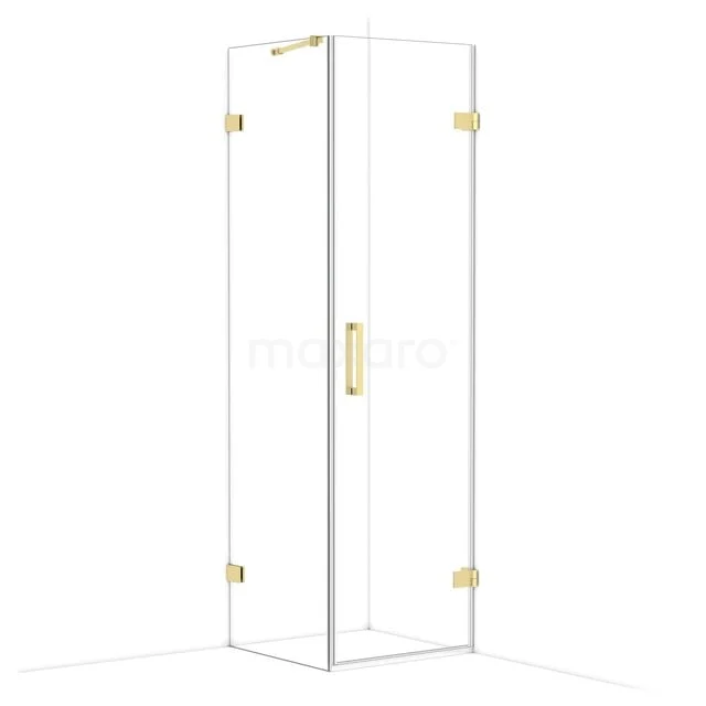 Glasene Duschtür im Eckdesign mit goldfarbenen Scharnieren, ideal für einen modernen Badezimmerstil.