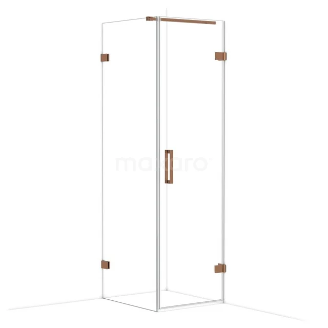 Glazen douchecabine met koperkleurige accenten, vierkante vorm en moderne uitstraling, perfect voor een stijlvolle badkamer.