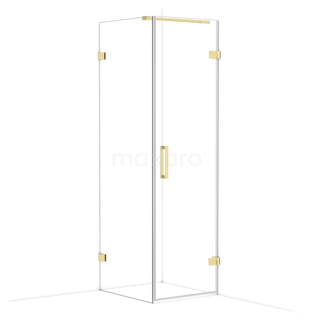 Glass shower cabin with gold-coloured hinges and handle, sleek design for a modern bathroom.