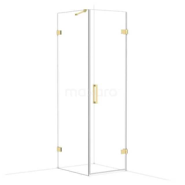 Glass corner shower with gold accents, sleek design and hinged door, ideal as a stylish shower cubicle in the bathroom.