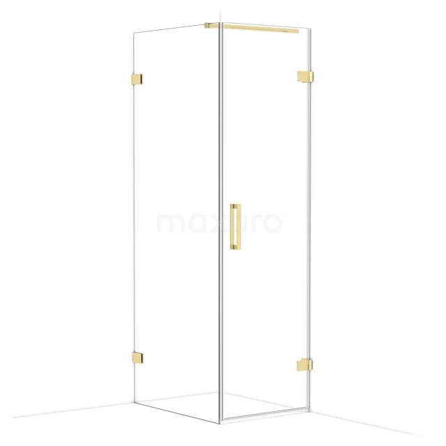 Duschkabine Glas mit goldenen Scharnieren und Haltegriff, luxuriöses Eckmodell für ein modernes Badezimmer.