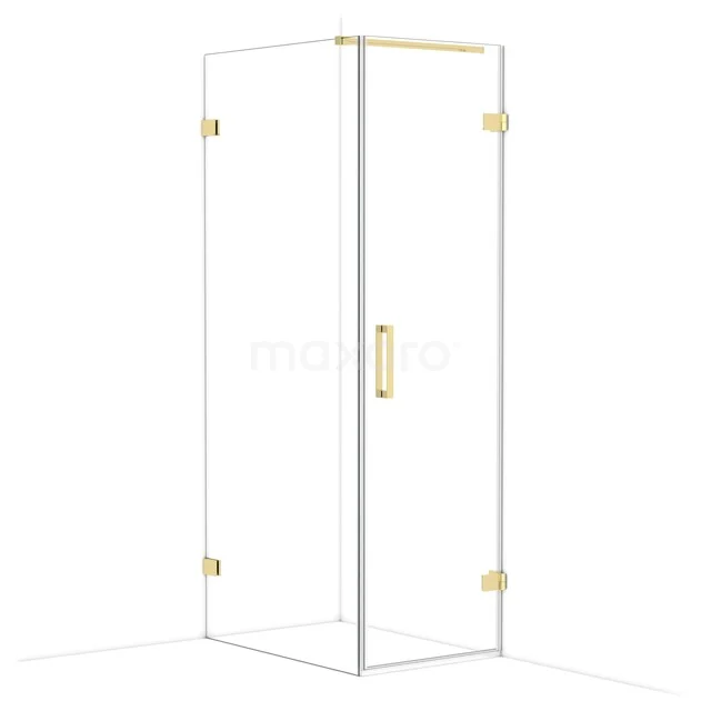 Glas Duschkabine mit Eckdesign, goldfarbigen Akzenten und minimalistischem Stil, perfekt für eine moderne Badezimmer Einrichtung.