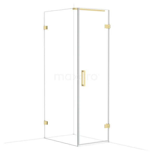 Glass shower cabin with golden accents, sleek design and modern style; perfect for a luxury bathroom decor.