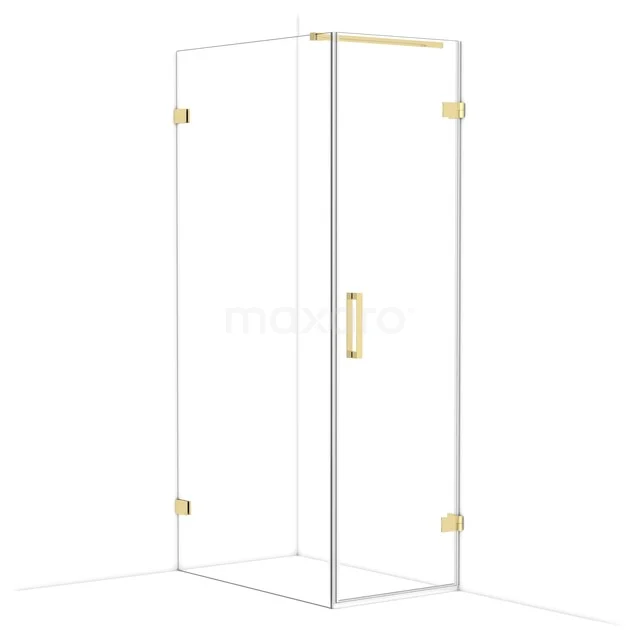 Glazen douchecabine met gouden accenten, hoekmodel, minimalistisch design. Perfect voor een moderne badkamer inrichting.