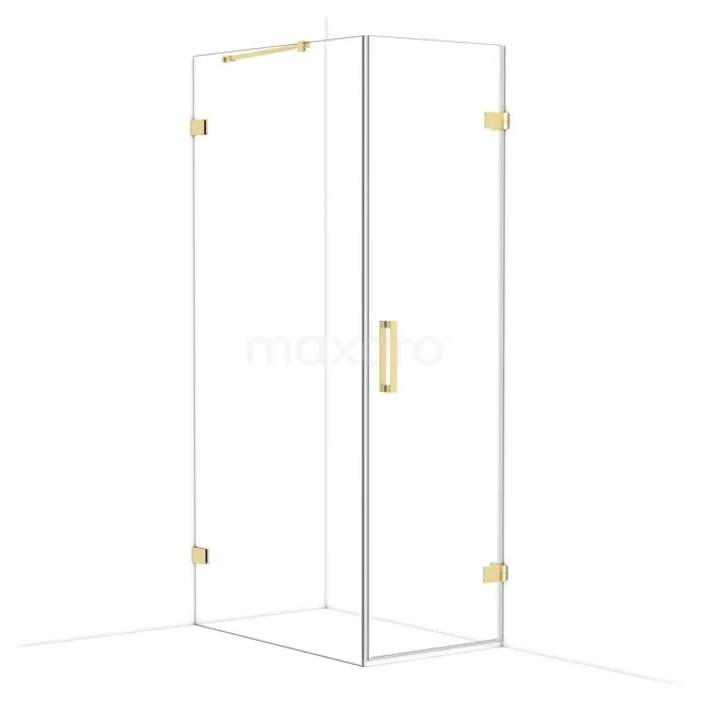 Glazen douchecabine met gouden scharnieren en deurknop, elegant design voor een stijlvolle badkamer.