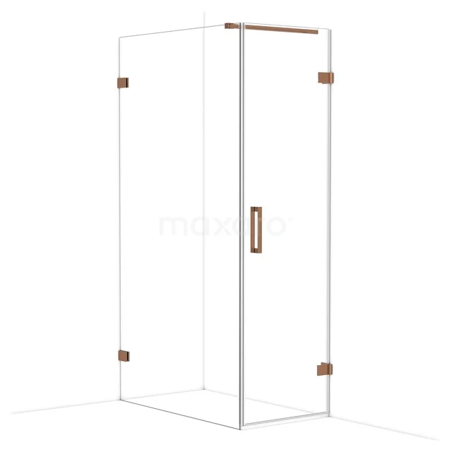 Glass shower cabin with corner entry, transparent glass and copper-coloured details, ideal for a modern bathroom.