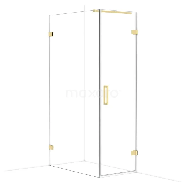 Glass shower cabin with gold-coloured details, corner entry and sleek design for a stylish bathroom.