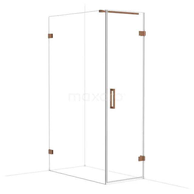 Duschkabine mit transparentem Glas, Eckmodell, rostfarbene Details, ideal für ein modernes Badezimmer.