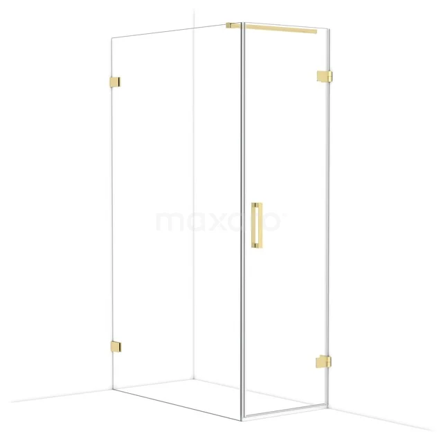 Glass shower cabin with golden details, sleek design, ideal as a stylish addition to modern bathrooms.