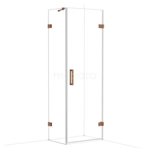 Glazen hoekdouchecabine met goudkleurige metalen scharnieren, minimalistisch design en modern badkameraccessoire.