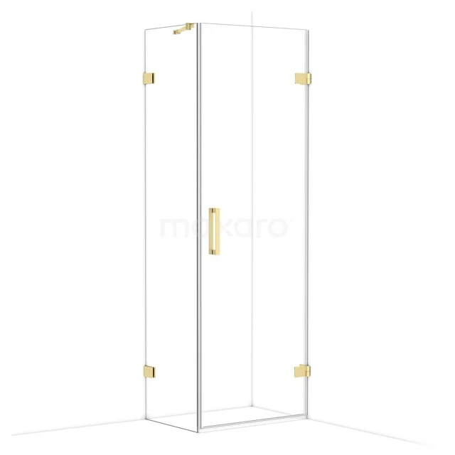 Glass shower cabin with gold accents, corner model with hinged door, ideal for a stylish bathroom.