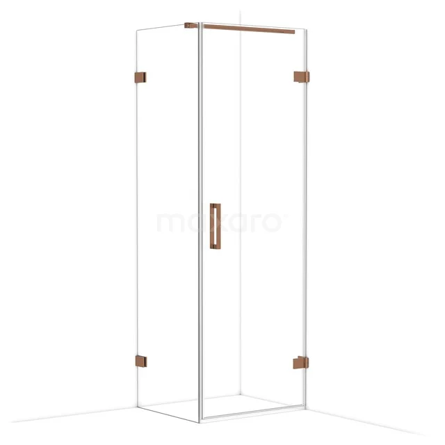 Glass shower cabin with copper accents, sleek design and square shape, ideal addition to a modern bathroom.