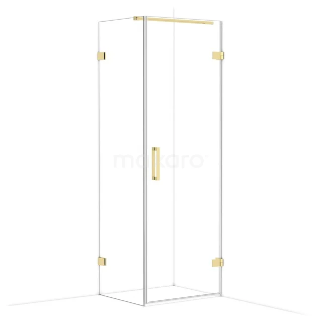 Glass shower cabin with gold-coloured hinges and handle, sleek design ideal for modern bathrooms.