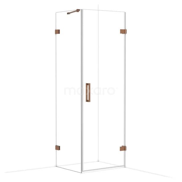 Glass shower cabin with corner entry, stainless steel hinges in copper colour, perfect for a stylish bathroom.