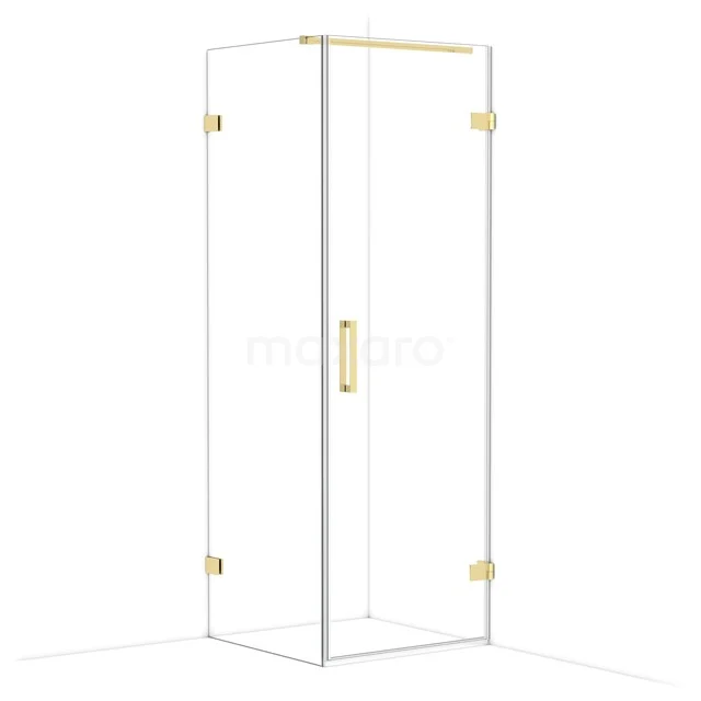 Glas Duschkabine mit Gold Details, quadratisches Design, ideal für ein luxuriöses Badezimmer.