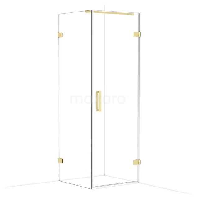 Glass shower cabin with gold accents, minimalist design; ideal addition for a luxury bathroom style.