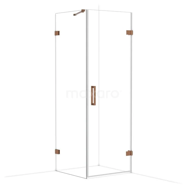 Glazen douchecabine met hoekinstap, koperkleurige scharnieren en handgreep, modern design ideaal voor elke badkamer.
