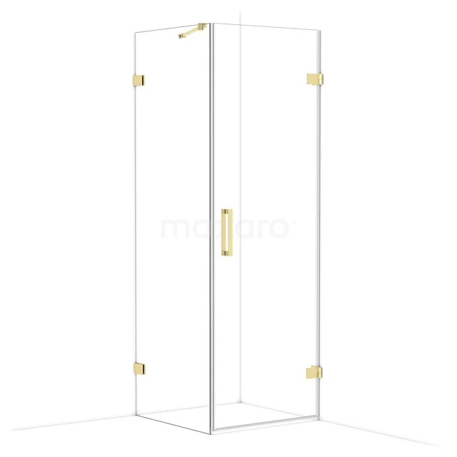 Glasene Duschkabine mit goldfarbenen Details, Eckmodell mit Scharnier Türen, modern und stilvoll für jedes Badezimmer.