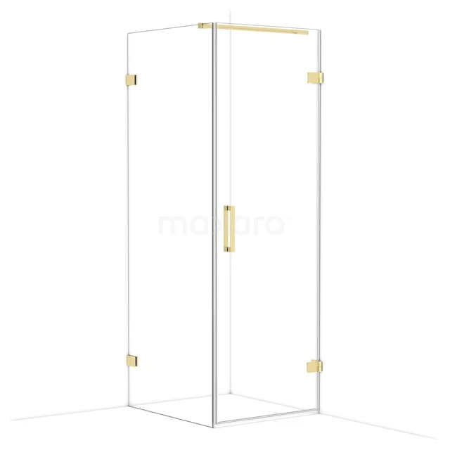 Glass shower cabin with gold-coloured hinges, luxury design for a modern bathroom.