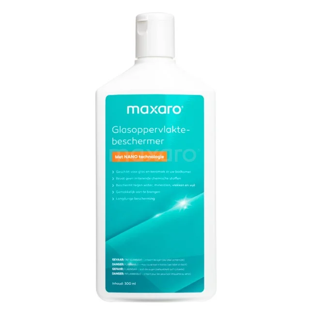 Maxaro Reinigungsmittel Flasche, weiß mit grünem Etikett. Ideal zum Reinigen von Badezimmeroberflächen, nachhaltig und effektiv.