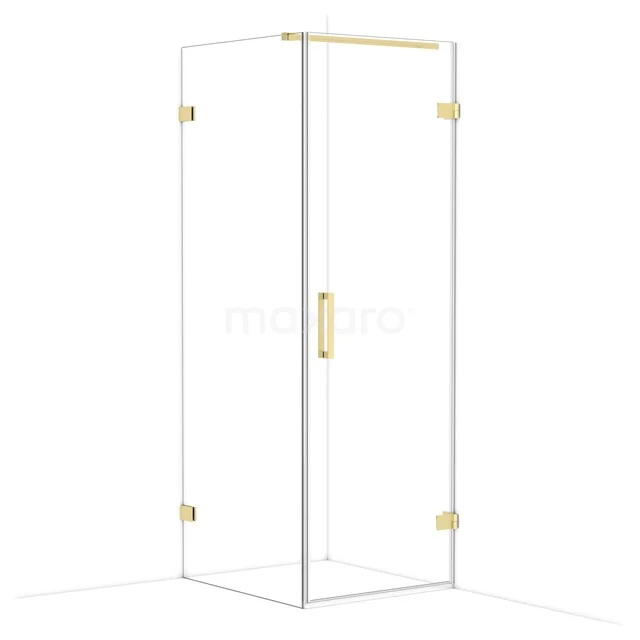 Glass shower cabin with gold accents, corner model, minimalist design; perfect for a stylish bathroom.