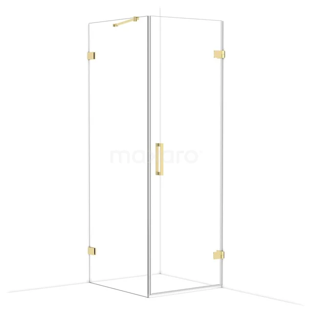 Glas Duschkabine mit Eckeinstieg, goldene Scharniere und Haltegriff, perfekt für ein modernes Badezimmer.