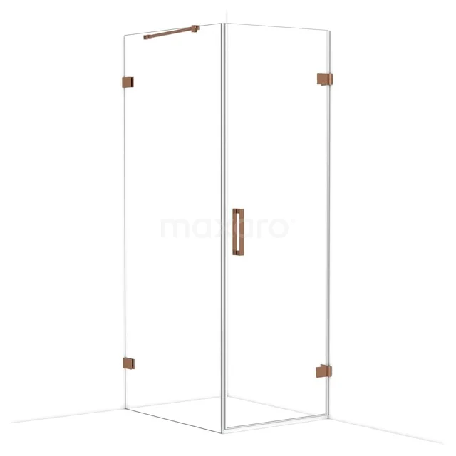 Glass shower cabin with copper accents, square design and hinged doors; stylish and ideal for modern bathrooms.