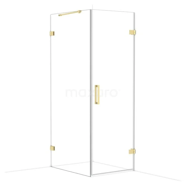 Glasene Duschkabine mit goldfarbener Beschläge, quadratisches Design, perfekt für einen luxuriösen Badezimmerstil.