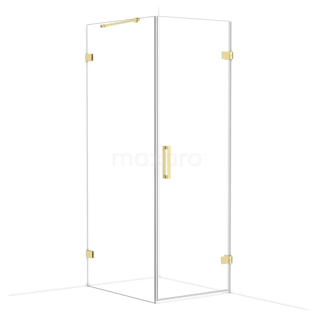 Glass shower cabin with gold-coloured fittings, square design, perfect for a luxury bathroom style.