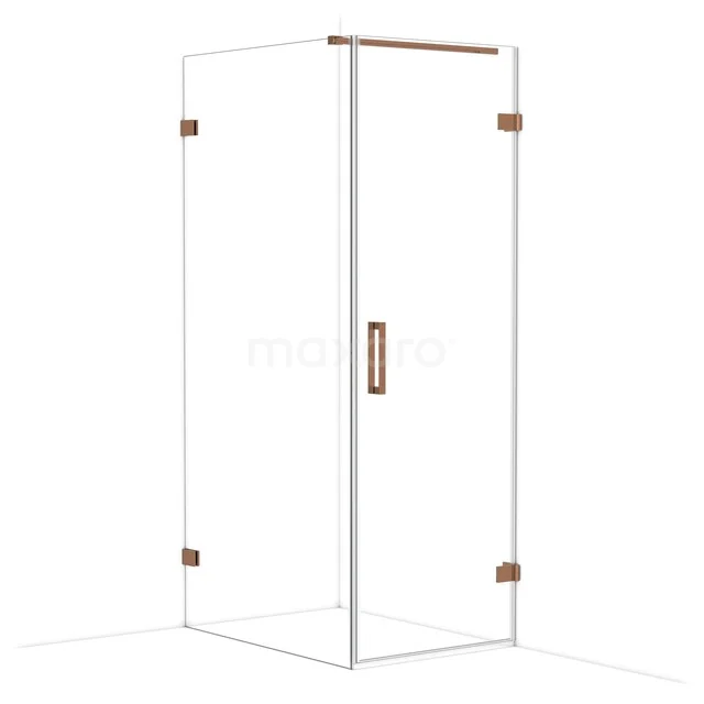 Glass shower cabin with copper-coloured accents, corner-shaped design and sleek lines, perfect for modern bathrooms.