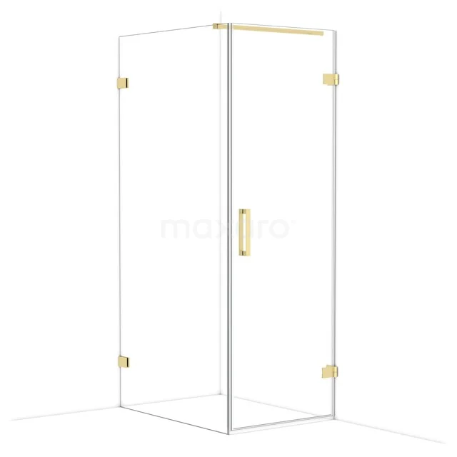 Glass shower door with gold accents, sleek corner shape and minimalist design perfect for modern bathrooms.