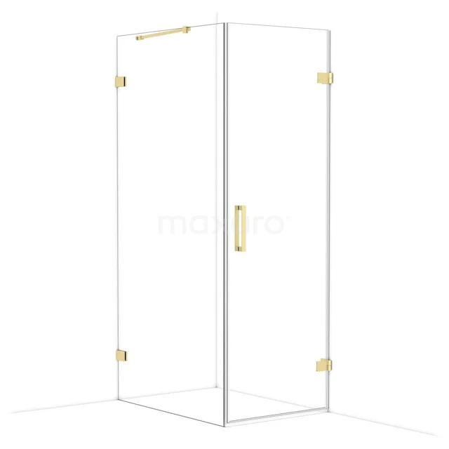 Glas Duschkabine mit goldfarbenen Akzenten, modernes Design und klare Linien, ideal für ein stilvolles Badezimmer.