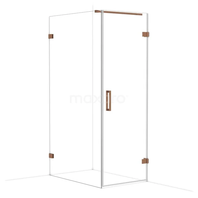Glazen douchecabine met hoekinstap, vierkant design en bronskleurige accenten, ideaal voor een stijlvolle badkamerinrichting.