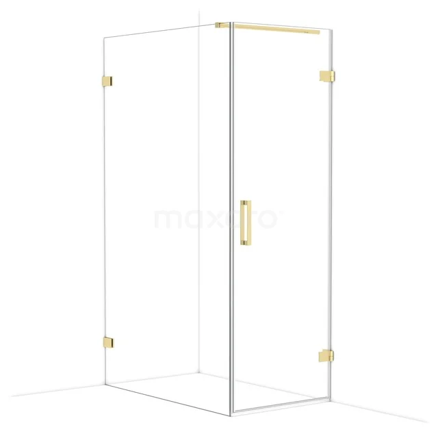 Glass shower cabin with gold accents, minimalist design, ideal for a modern bathroom.