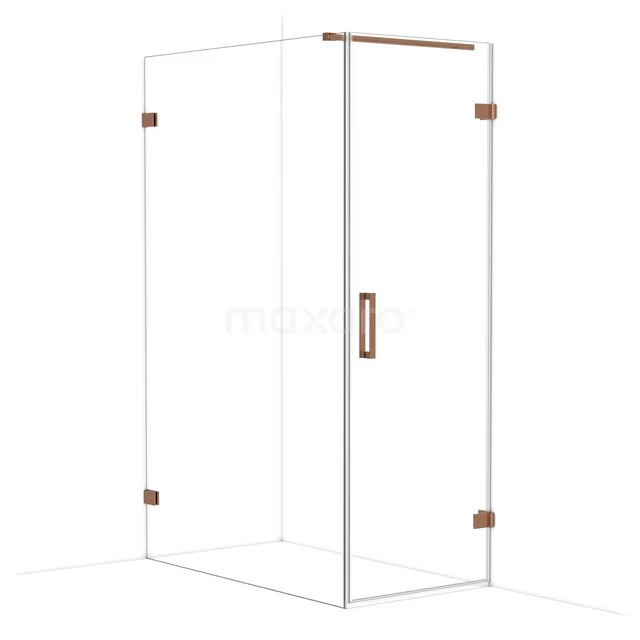 Glas Duschwand mit kupferfarbenen Akzenten, modernes Design, ideal für ein stilvolles Badezimmer.